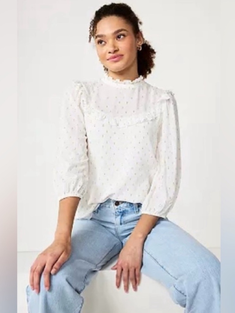 Draper James RSVP | Women’s White/Gold Fleck Ruffle-Neck Balloon Sleeve Blouse M